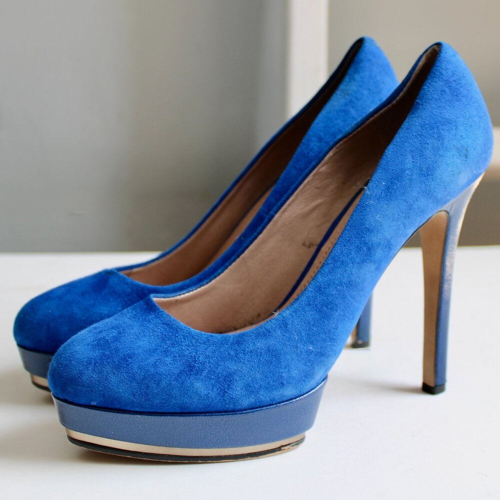 Vince Camuto Blue Suede Gold Metallic Accent 'Dacoma' Pump High Heels Size 8.5